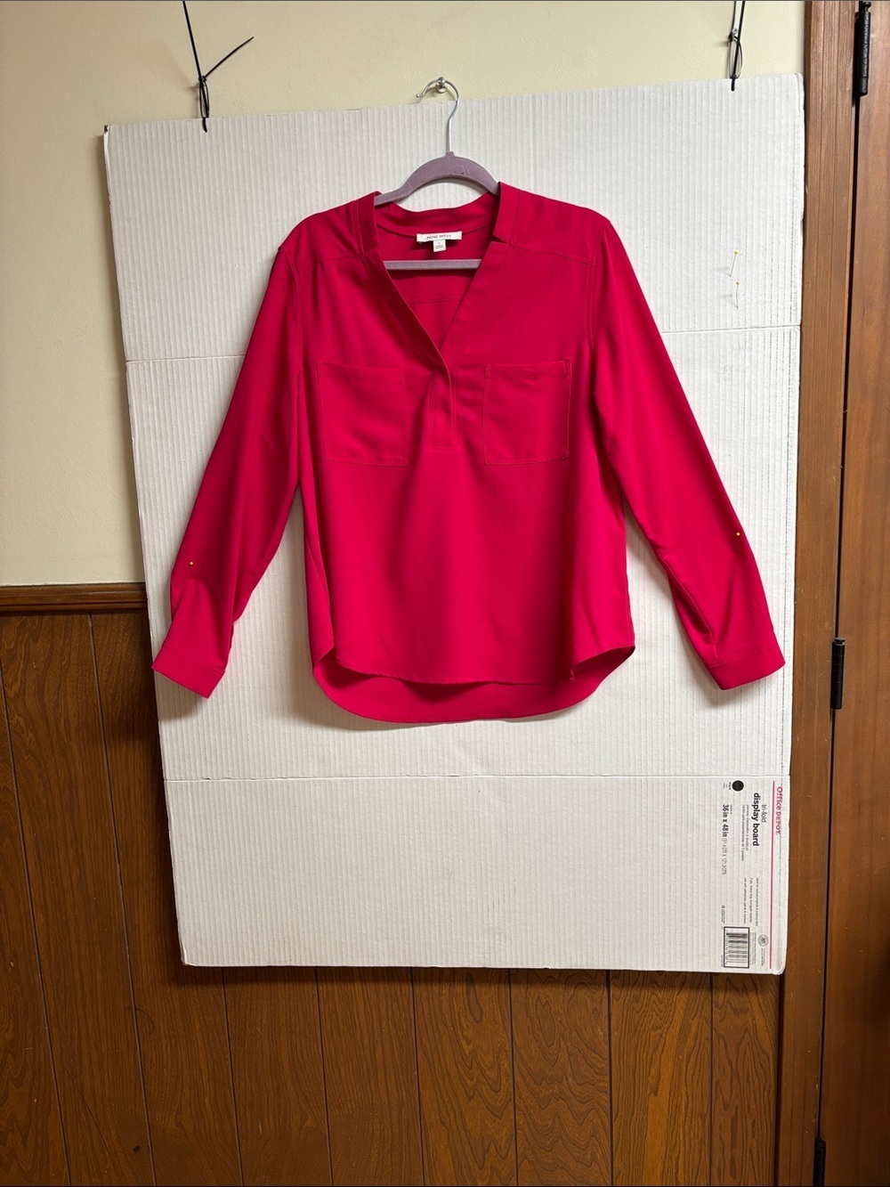 Nine West Bright Pink V-Neck Long-Sleeve Blouse With Pockets Size Large